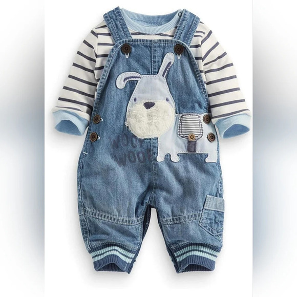 Puppy Overalls Striped Long Sleeve Shirt Outfit 12M - Picture 1 of 8